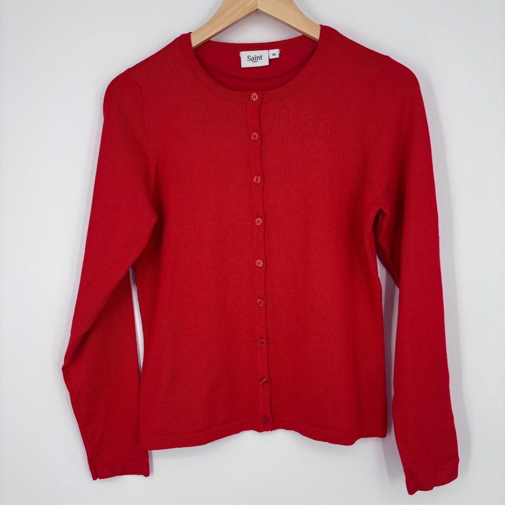Saint Tropez MilaSZ Round Neck Cardigan Women XS Red Button Up Classic Scandi